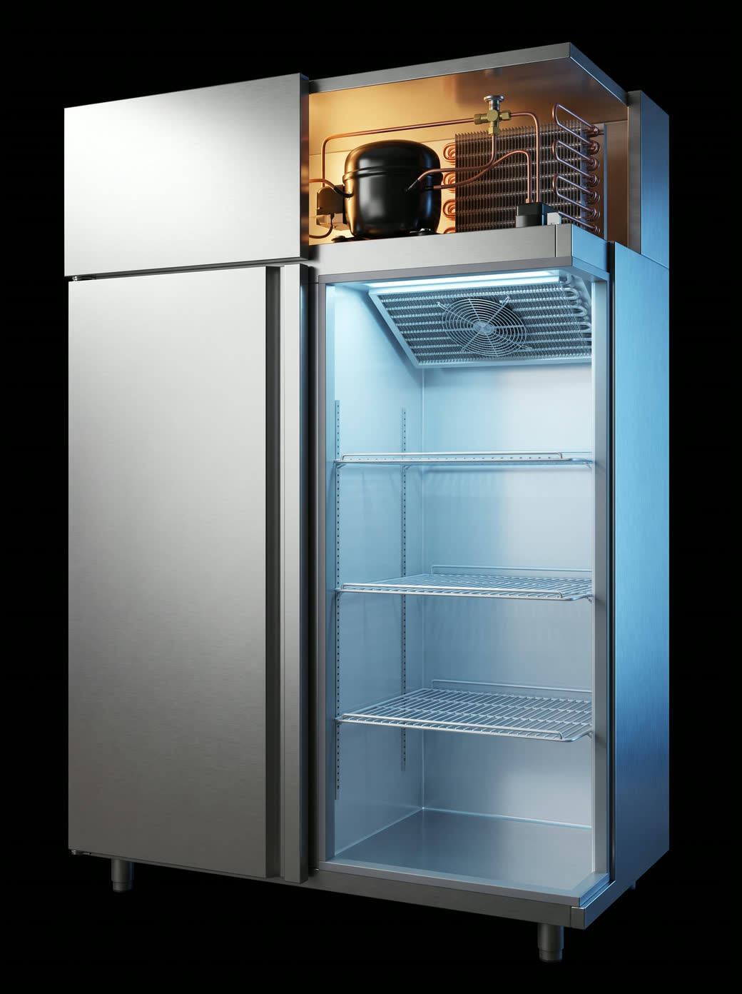 Cutaway of a commercial stainless steel reach-in cooler: the machine deck on top opened to show the compressor, the condenser coil and the metering valve, and the cold compartment below with its evaporator coil and fan over three wire shelves, with the same four components marked one to four