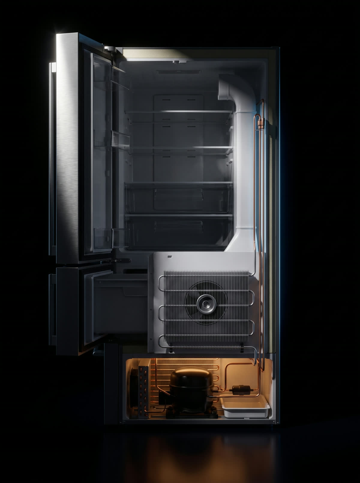 Cutaway of the same refrigerator with its skin removed: glass shelves and crisper drawers in the fresh-food compartment, the freezer drawer below, the evaporator coil, its fan and the defrost heater behind the freezer's rear panel, the cold-air duct rising up the back wall, and in the machine compartment at the base the compressor, the condenser coil, the filter drier and the defrost drain pan, all linked by copper refrigerant lines