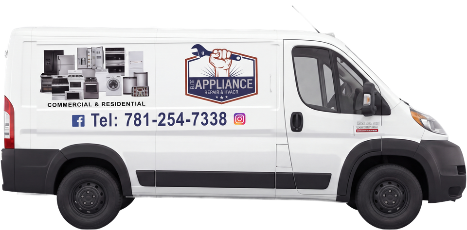 The Elite Appliance van in side view, facing right: the company badge with the fist and wrench, COMMERCIAL & RESIDENTIAL, and the phone number 781-254-7338 along the side panel
